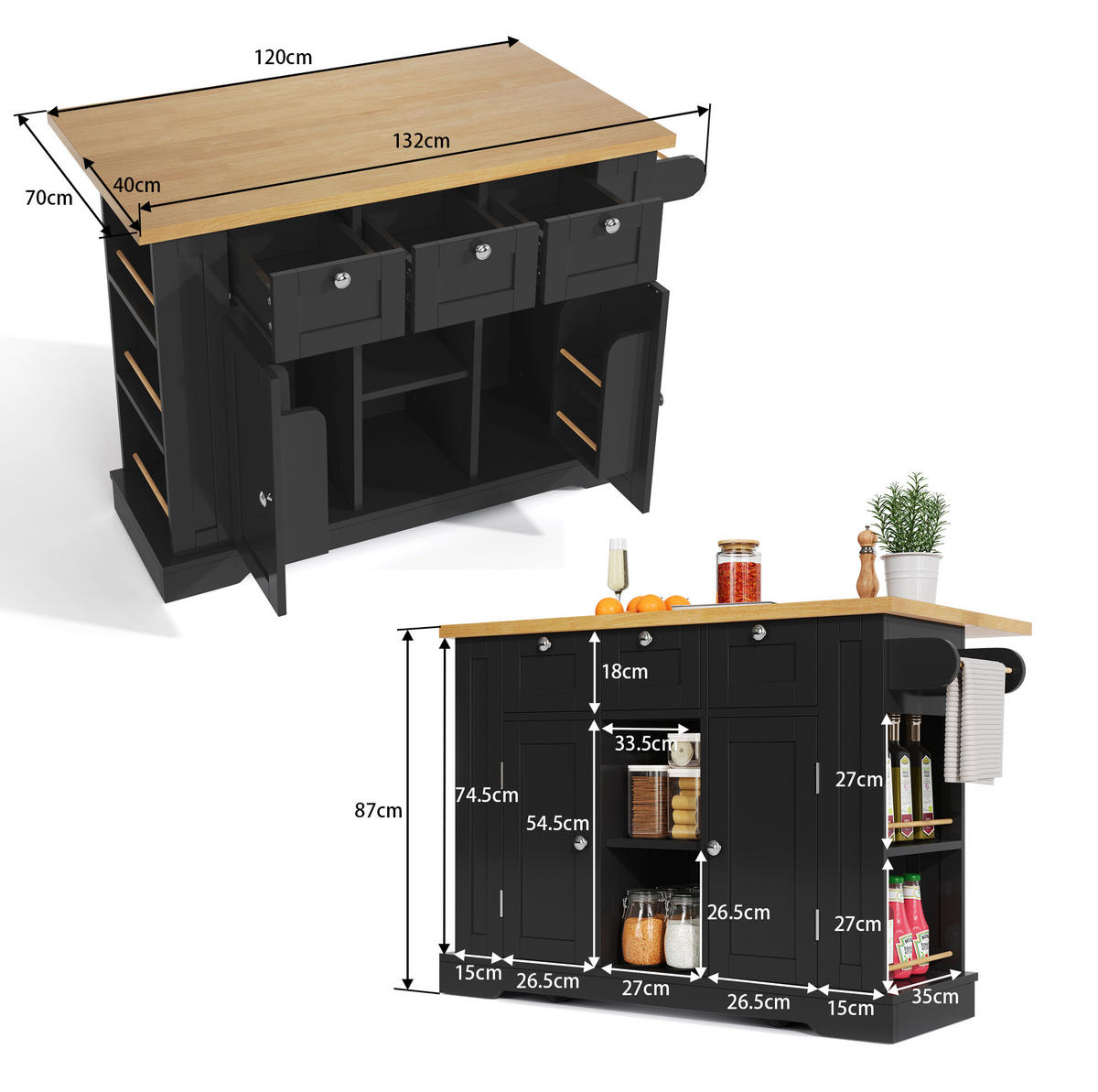 KÜCHENINSEL 132/87/40(70) cm Natur/Schwarz aus MDF mit klappbarer Arbeitsplatte - Schwarz, Holzwerkstoff (70/87/132cm) - OKMYHOME