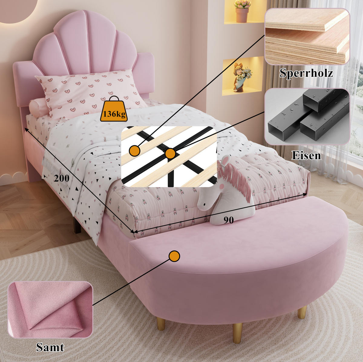 POLSTERBETT 90/200 cm Rosa aus Samt mit Bettbank - Rosa, Textil (90/200cm) - OKMYHOME