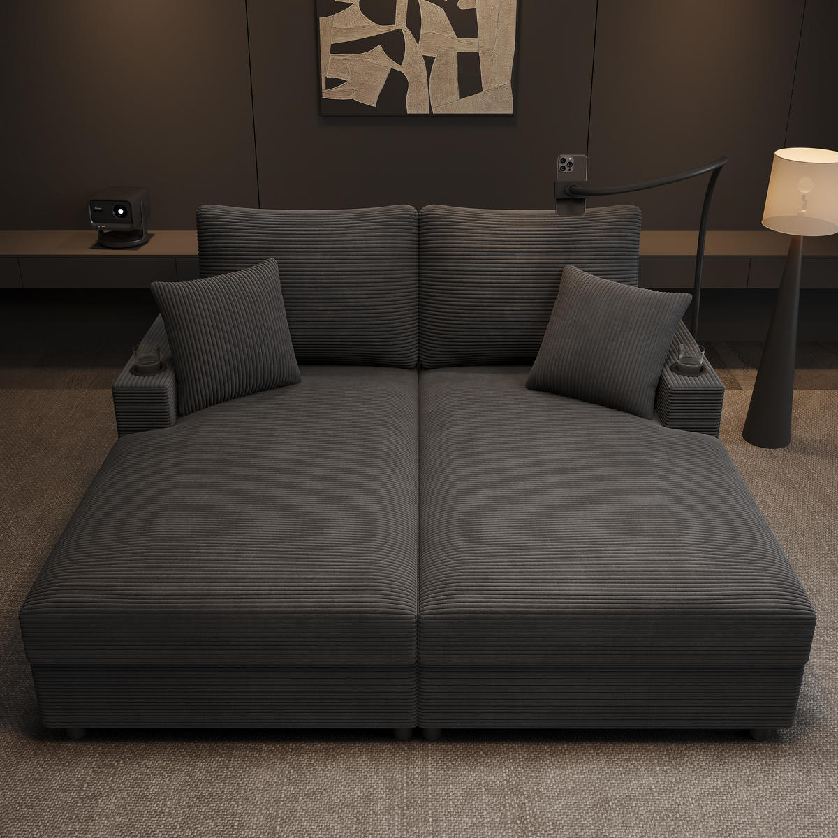 SCHLAFSOFA 2-Sitzer mit Handyhalter, USB und Getränkehalter, Grau - Grau, Textil (163/82/140cm)
