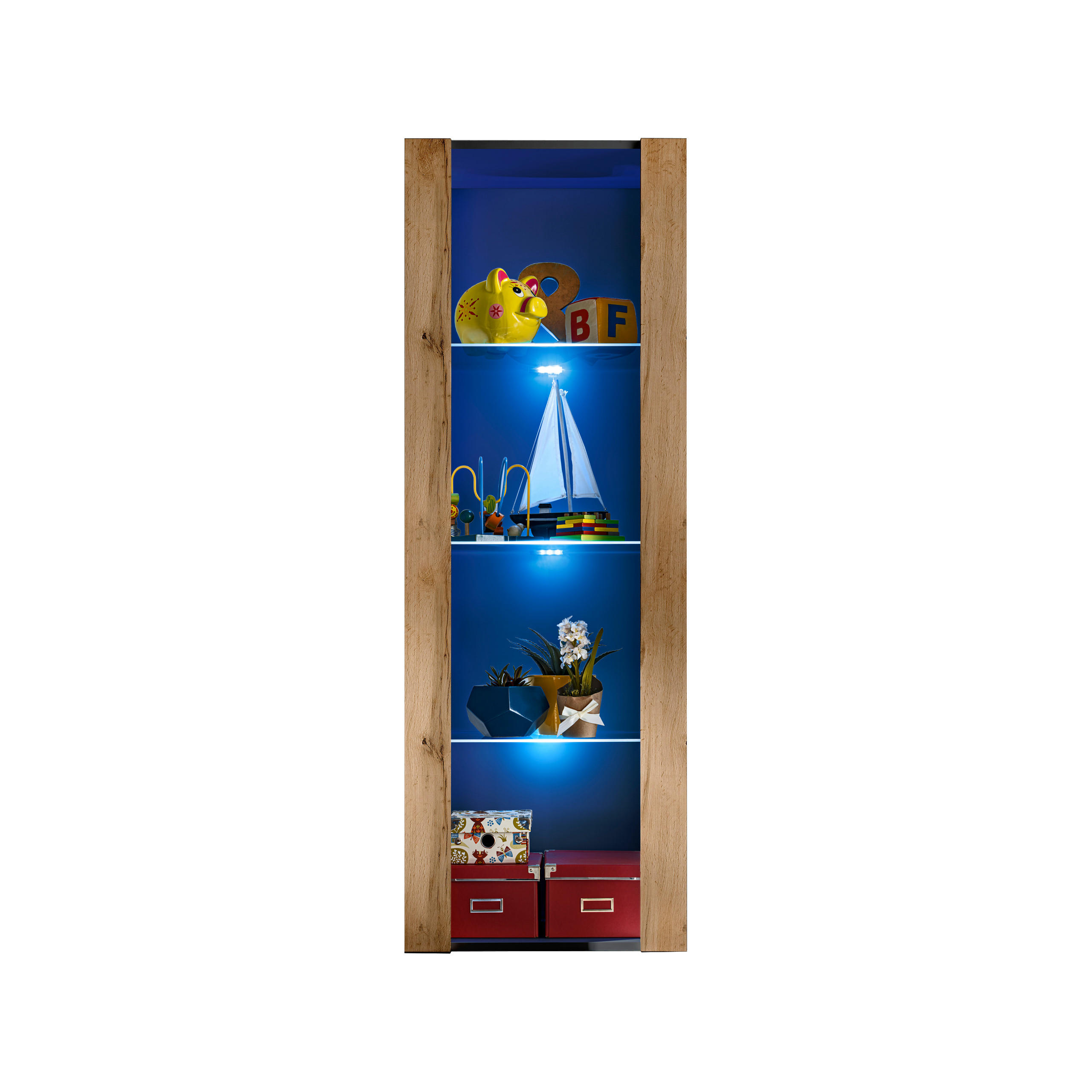 VITRINE TIVOLI, Schwarz + Eiche Wotan, LED Blau - Eiche Wotan/Schwarz, Glas/Holzwerkstoff (55/159/35cm) - Komodee