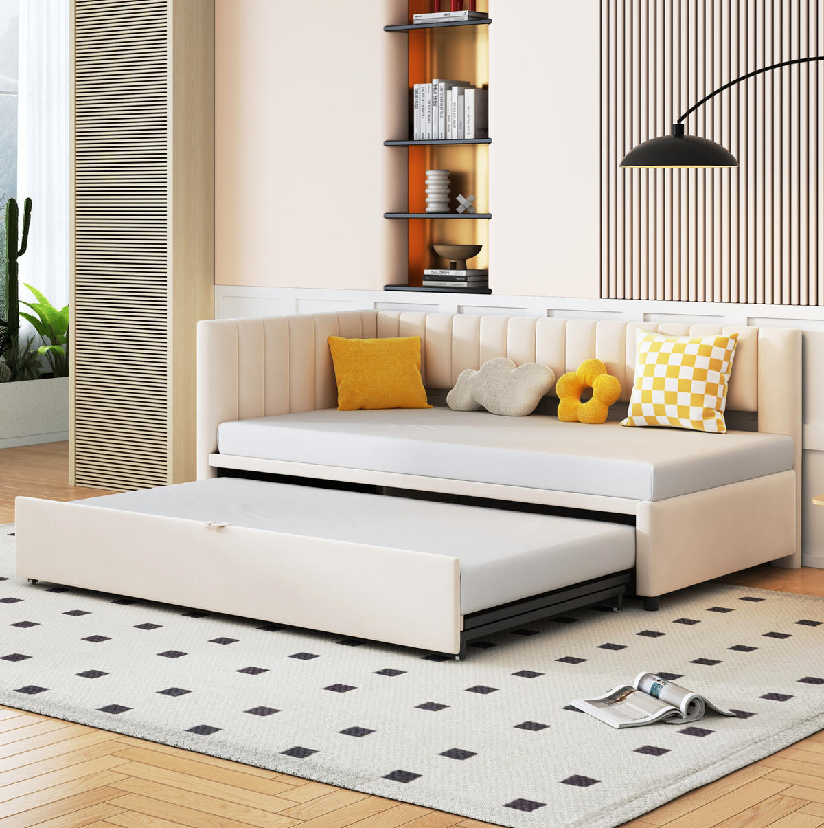 POLSTERBETT 90/200 cm Beige aus Samt mit Ausziehfunktion - Beige, Textil (90/180cm) - OKMYHOME