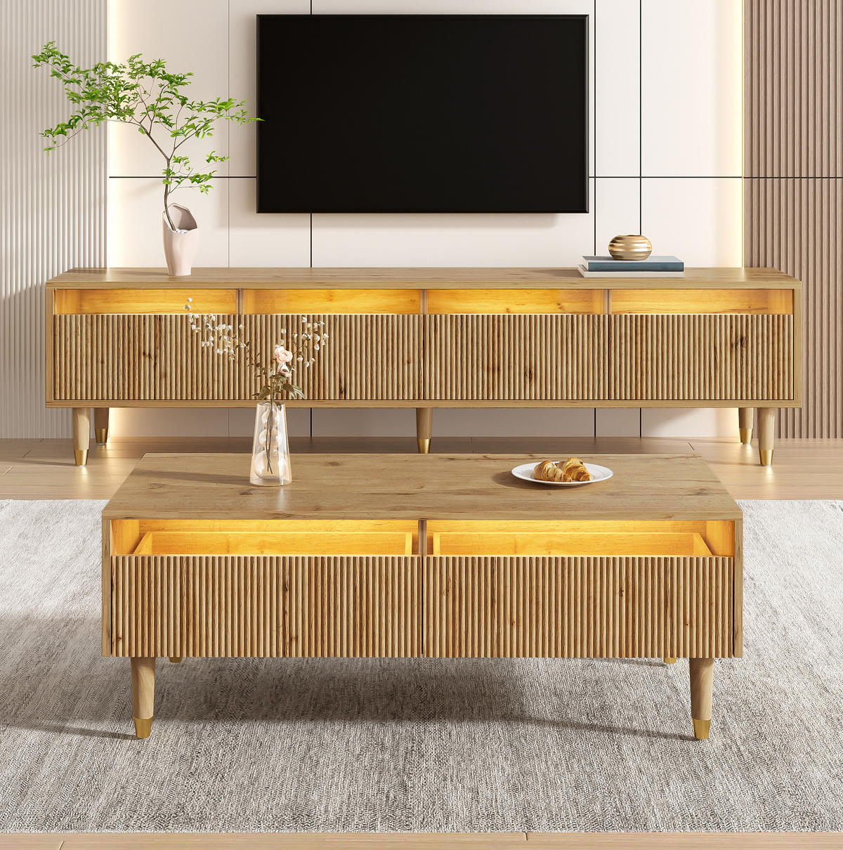 OBÝVACÍ sestava s TV stolkem 178/35/45 cm a konferenčním stolkem 110/50/40 cm s LED a úložným prostorem, Dekor dřeva - přírodní, kompozitní dřevo (178/45/35cm) - Redom