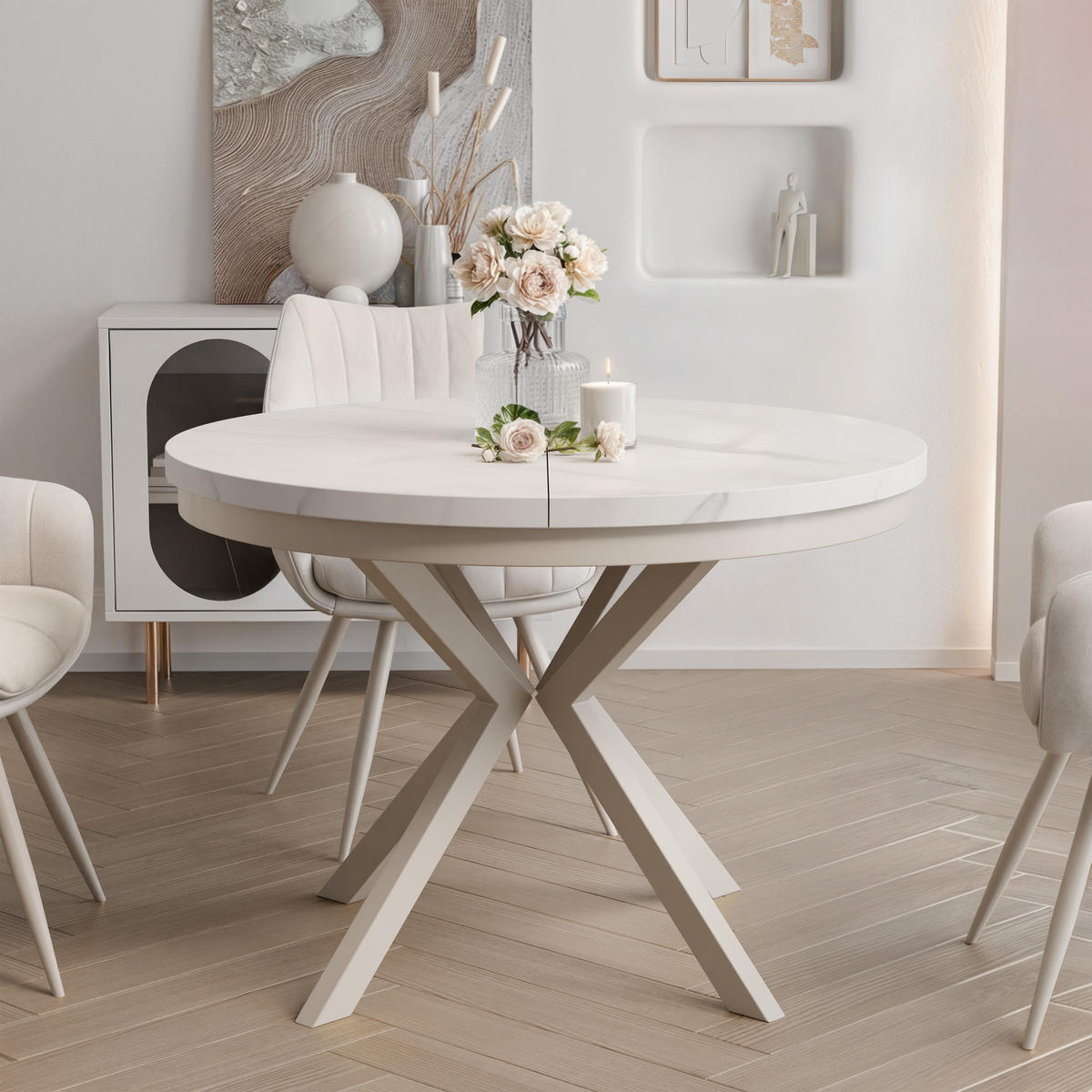 AUSZIEHTISCH MILTON 120-196/76 cm mit Metallgestell, Kaschmir / Bianco Marmor - Kaschmir/Perlmutt, Holzwerkstoff/Metall (120/120/76cm) - Idohome