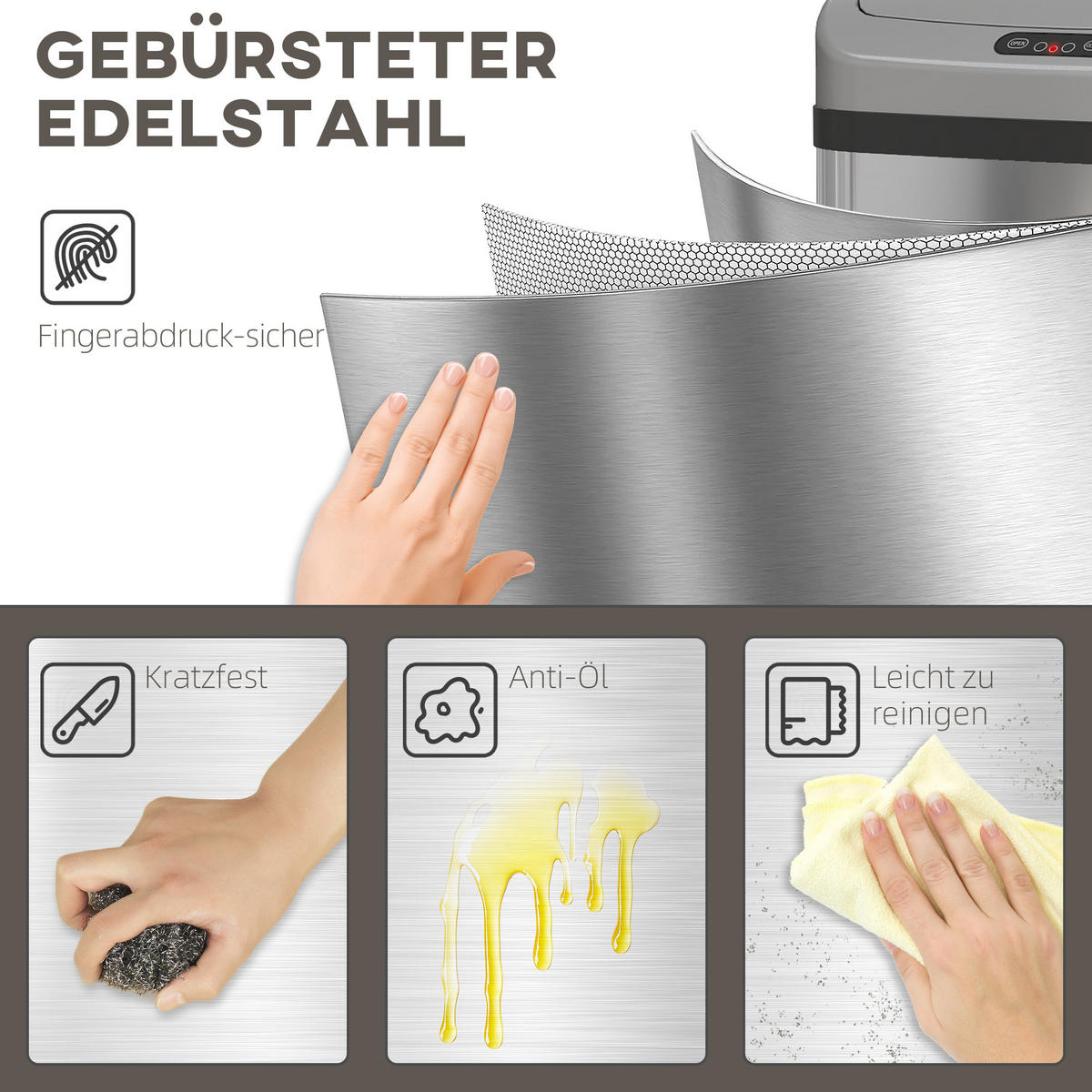 MÜLLEIMER mit Sensor 48L Edelstahl Abfalleimer mit Automatischer Schließfunktion - Silberfarben, Metall (25/69/33cm) - HOMCOM