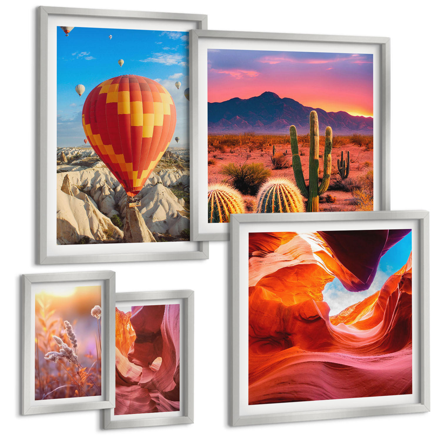 BILDER SET 5er Set - 50x50 cm & 20x30 cm & 40x60 cm Silberner Rahmen - Landschaften von Wüstenschluchten - Silberfarben, Kunststoff (40/60cm) - TULUP