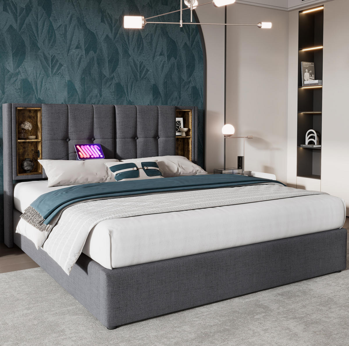 POLSTERBETT 160/200 cm Grau mit Stauraum und kabellosem Laden mit Matratze - Grau, Textil (160/200cm) - OKWISH