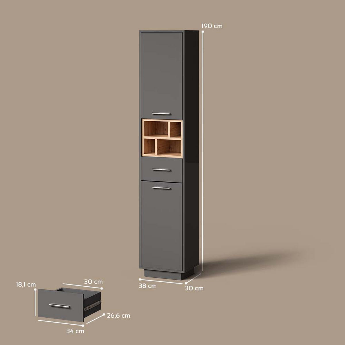 BADSCHRANK Temo Anthrazit 38 x 190 cm - Anthrazit/Sonoma Eiche, Holzwerkstoff (38/190/30cm) - Livinity®