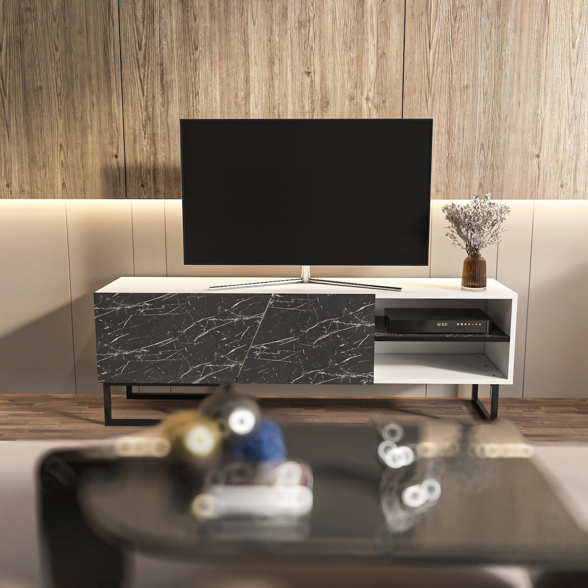 TV-ELEMENT Denasse Weiß Schwarz - Schwarz/Weiß, Holzwerkstoff (150/50.5/35cm) - Decorotika