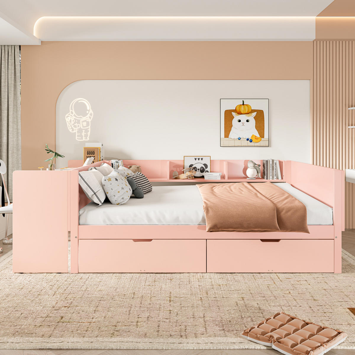BETT 140/200 cm mit Schreibtisch, 2 Schubladen und 3 Regalen aus Kiefern und Spanplatte, Weiß/Rosa - Rosa, Holzwerkstoff (140/200cm) - Redom
