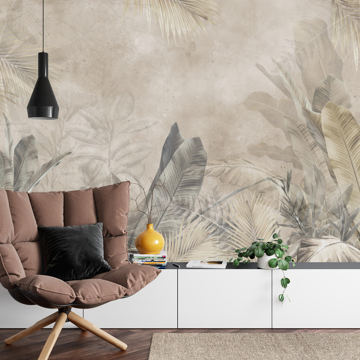 FOTOTAPETE für Schlafzimmer Bananenblätter auf Beton Tropisch Beige 150x105 - Beige/Braun, Papier (150/105cm) - Muralo