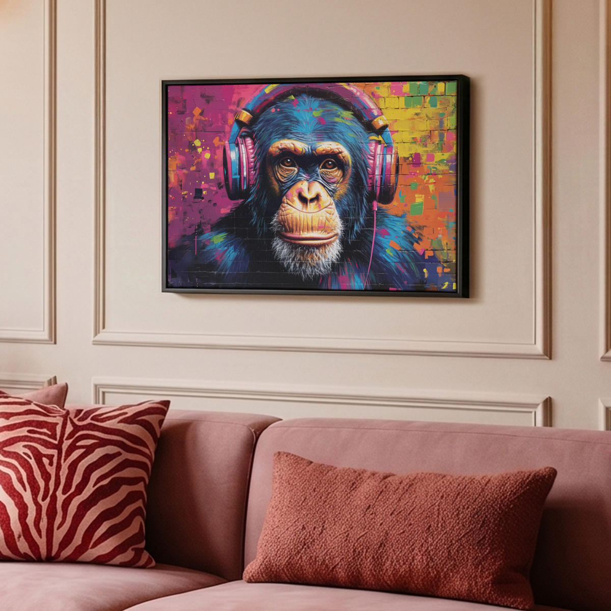 LEINWAND Bilder mit Rahmen - Graffiti - Schimpanse - Straßenkunst - Kopfhörer - Affe - 60x40 - Blau, Textil (60/40cm) - MuchoWow