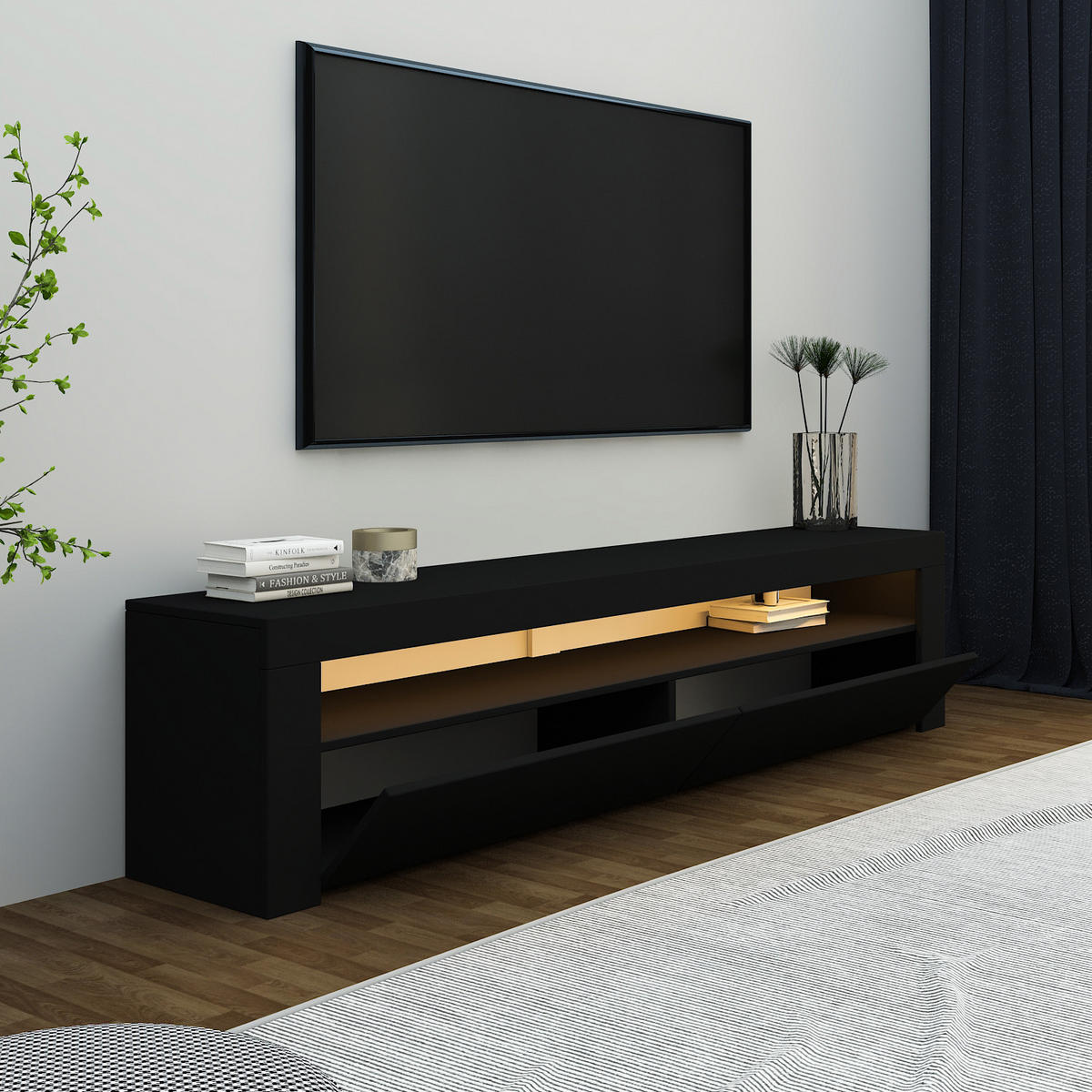 TV Lowboard Bati Schwarz mit LED-Beleuchtung 92406 - Schwarz/Weiß, Holzwerkstoff (150/47/37cm) - moebel17