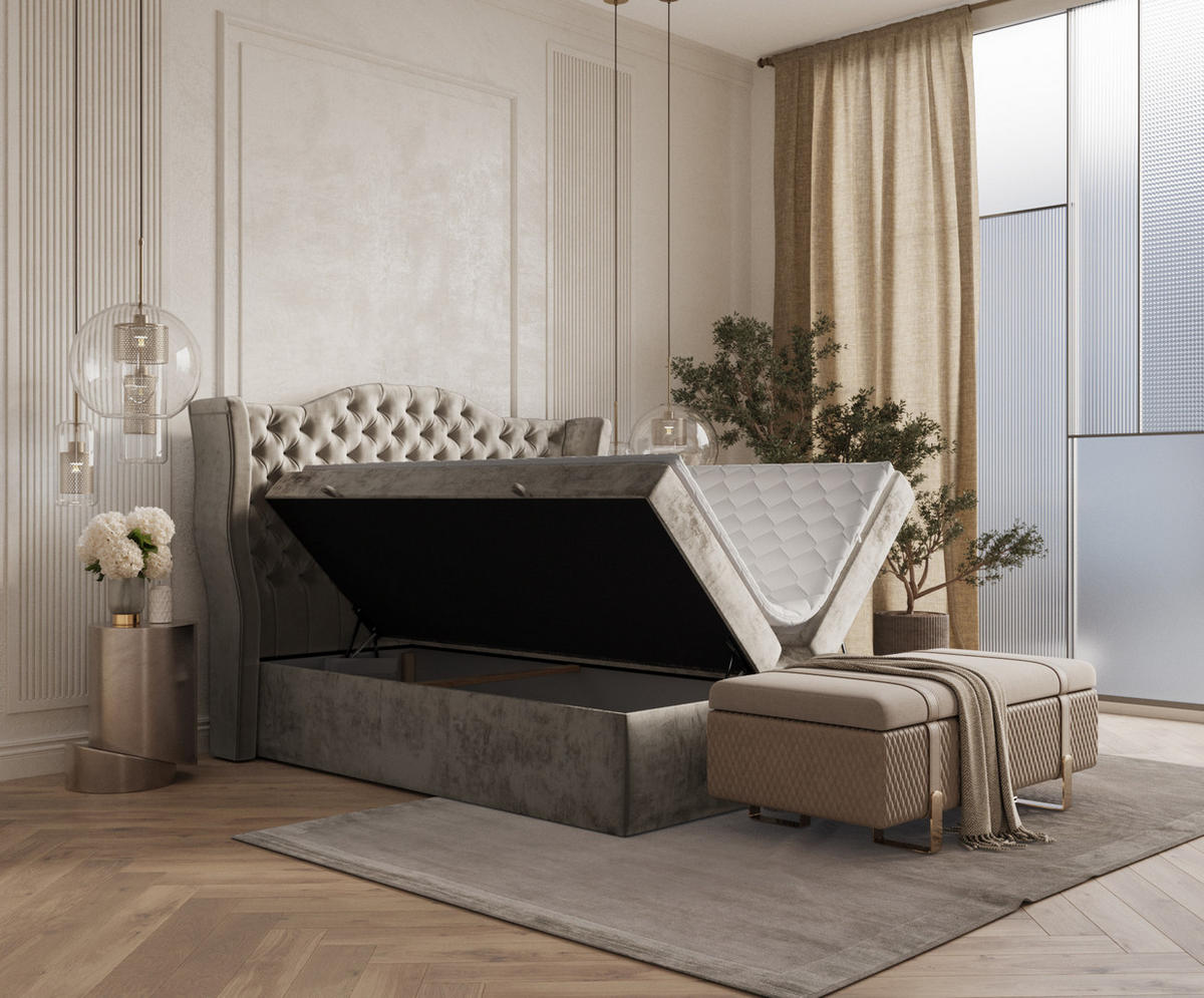 BOXBETT Royal Beige 200/200 cm im Chenille-Stoff - Beige/Schwarz, Holz/Holzwerkstoff (200/200cm) - Maison de Reve