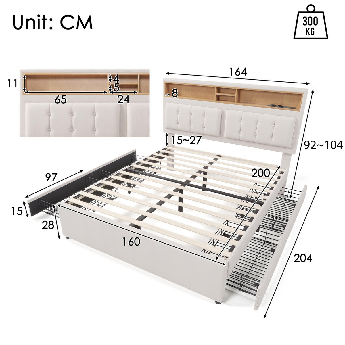 POLSTERBETT mit 4 Schubladen 160x200 cm Leinen Beige mit USB-C - Beige, Metall (160/200cm) - Meubliv