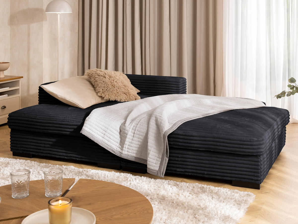 ECKSOFA Wolke mit tiefer Sitzfläche, Schlaffunktion und praktischem Bettkasten aus weichem Schwarz Cordstoff - Schwarz, Holz/Kunststoff (162/225cm) - S-Style