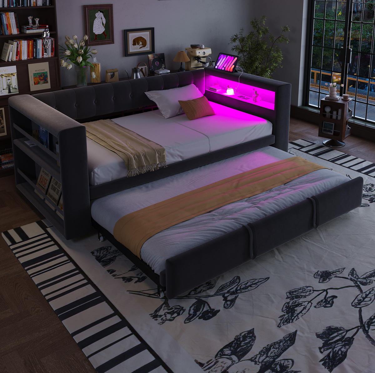 POLSTERBETT 90/180/190 cm aus Flannelette mit LED und Steckdose, Dunkelgrau - Dunkelgrau, Textil (90/190cm) - OKMYHOME