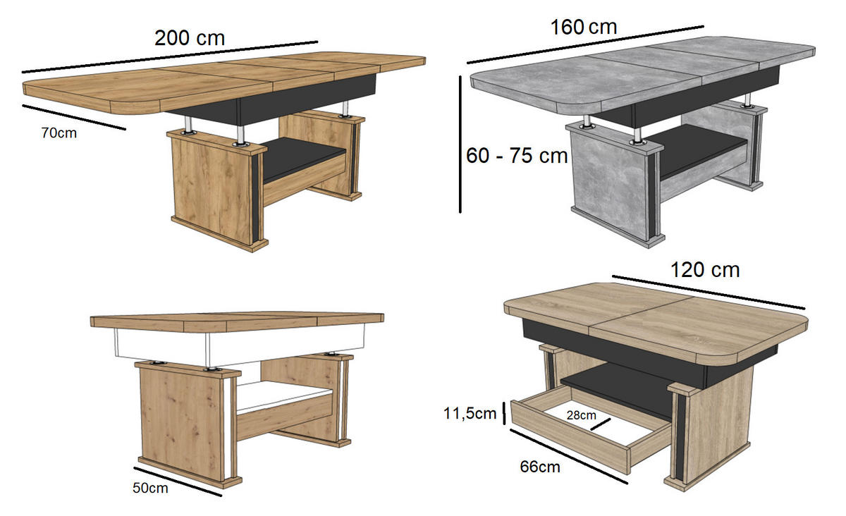 COUCHTISCH rechteckig Eiche Gold Schwarz ausziehbar höhenverstellbar - Eichefarben/Schwarz, Holzwerkstoff (70/120/60cm) - designimpex
