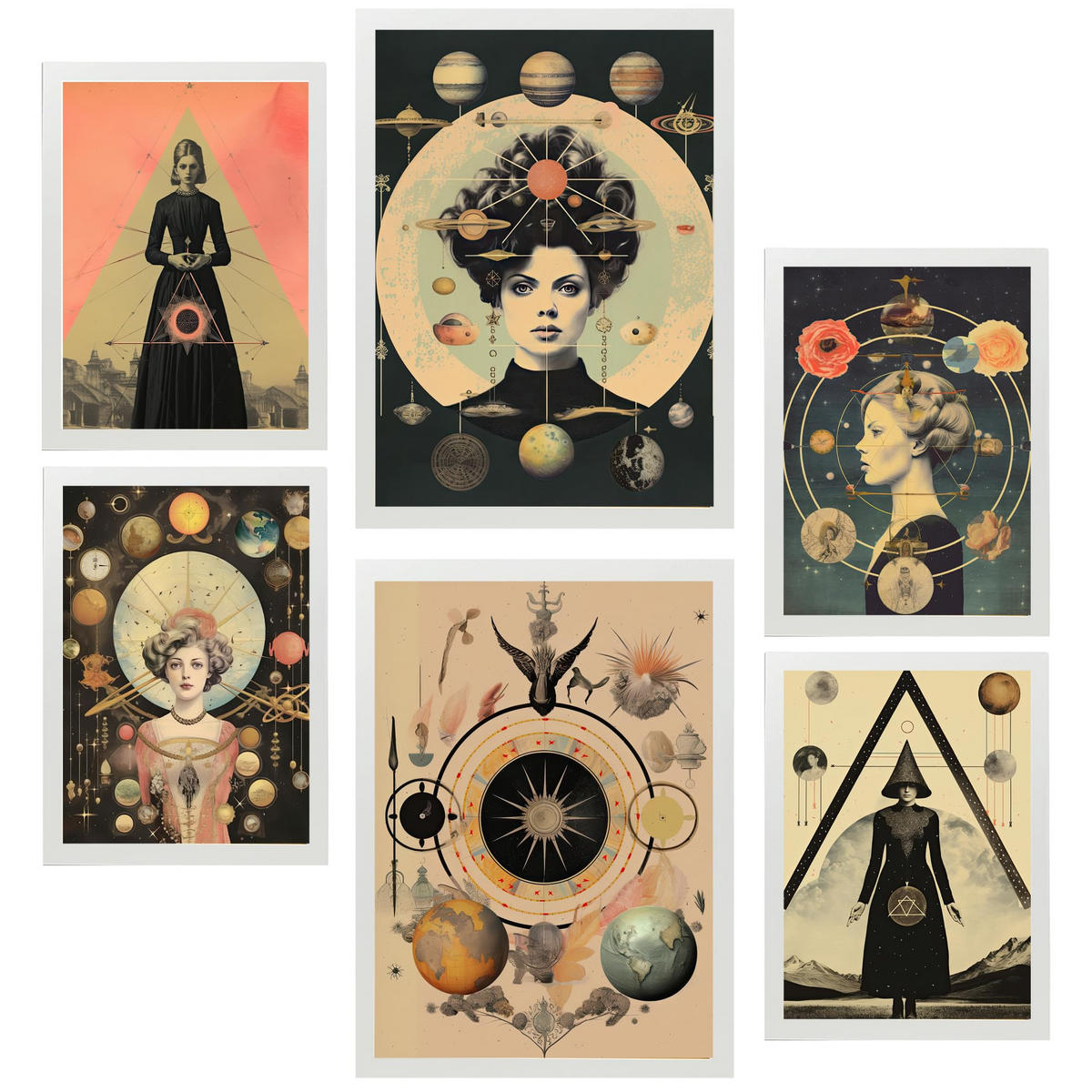 POSTER Set Mit 6 Mystischen & Esoterischen In Beige & Schwarz A3 & A4 Weißer Rahmen - Weiß, Papier (29/3cm) - Nacnic