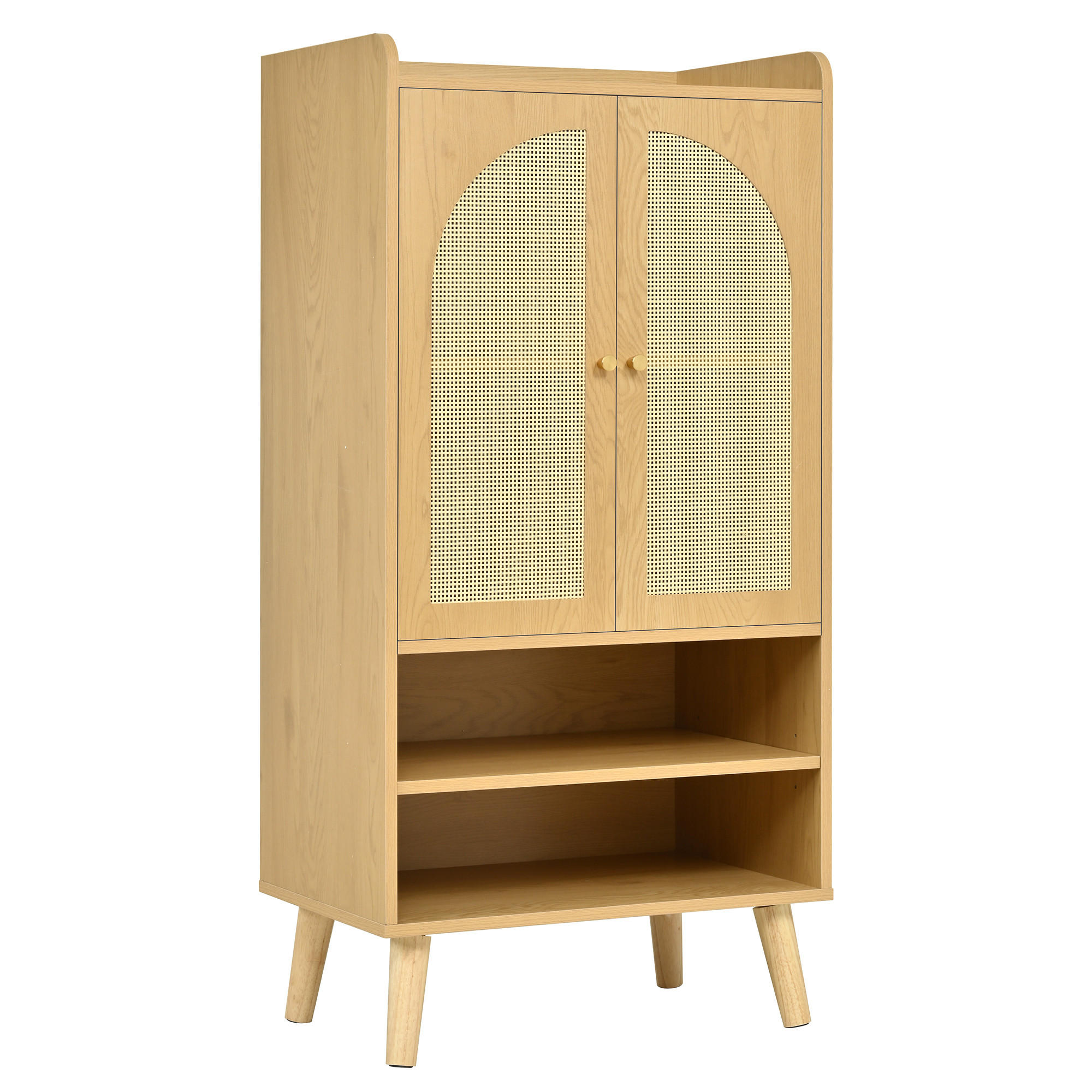 SCHUHREGAL 60 cm Naturholz mit Rattantüren mit offenen Fächern im Boho-Stil - Naturfarben, Holzwerkstoff (60/121/40cm) - Urban Meuble