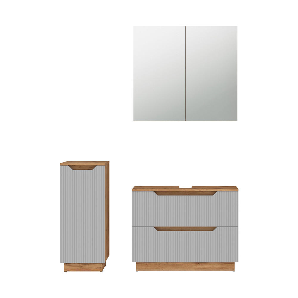 BADMÖBEL-SET Lotta Eiche/grau gestreift 3 Teile - Grau, Holzwerkstoff (79.6/62.5/32cm) - Vicco