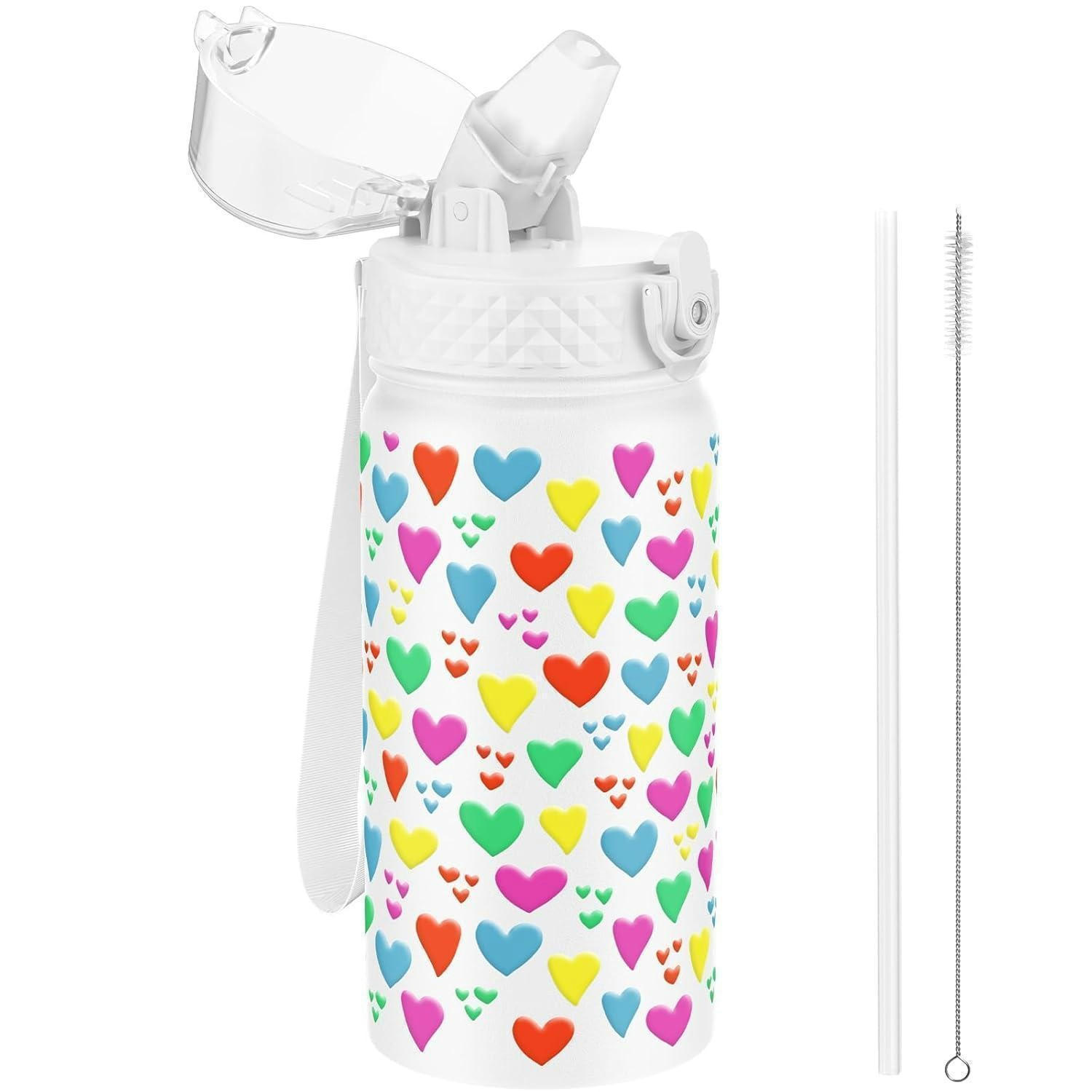 TRINKFLASCHE Kinder 420ml Edelstahl mit Strohhalm und auslaufsicherem Deckel BPA-frei Weißes Herz - Multicolor, Metall (7.5/7.5cm)