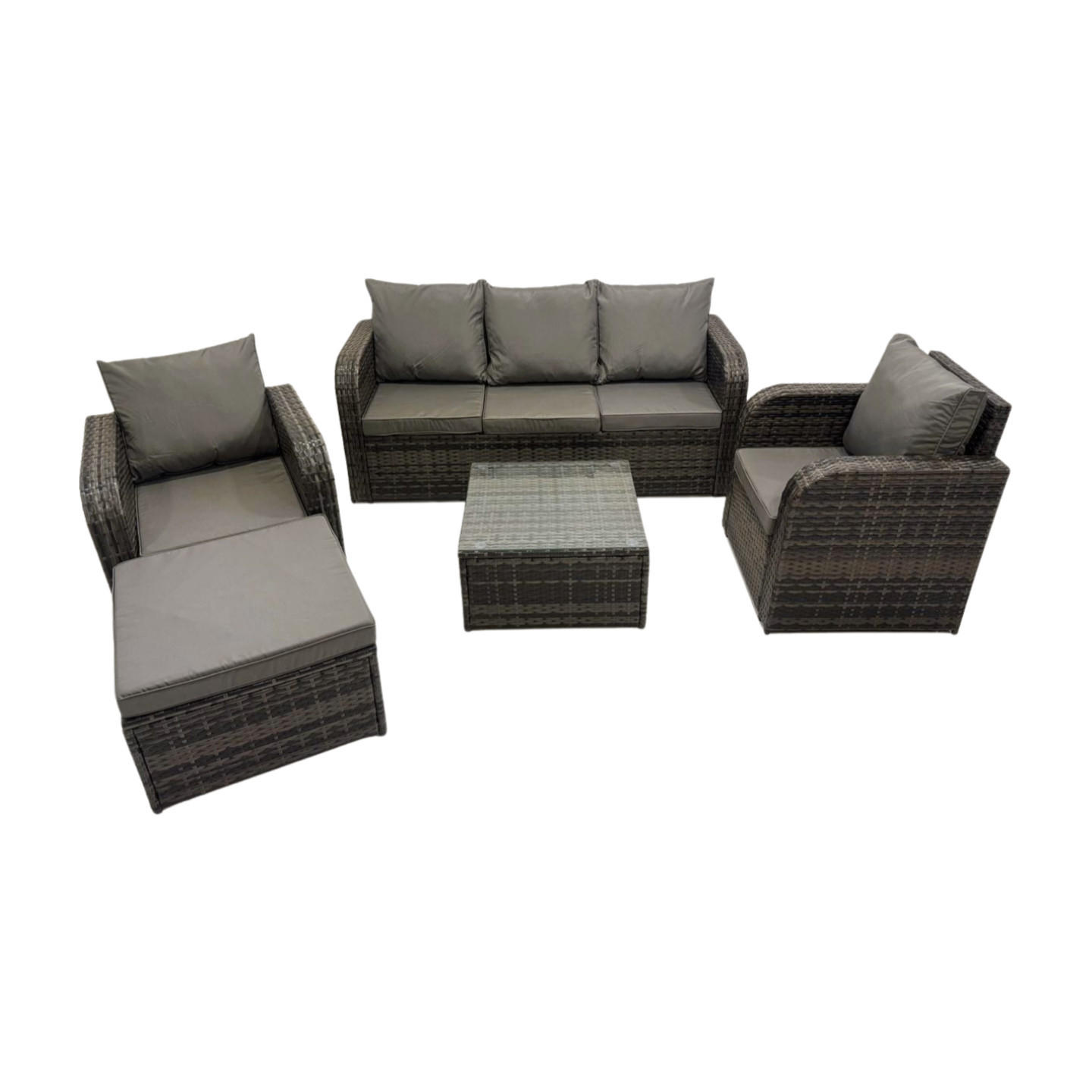 GARTENMÖBELGARNITUR mit KISSEN Polyrattan Dunkelgrau 6-Sitzer - Dunkelgrau/Grau, Glas/Kunststoff - Fimous