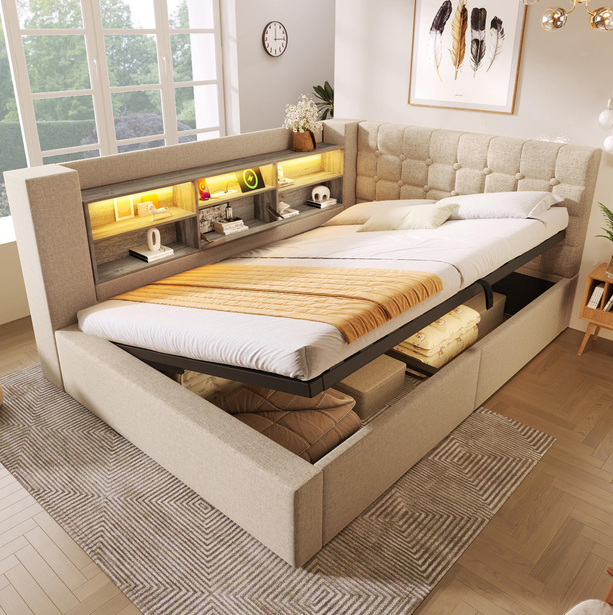 POLSTERBETT mit Stauraum 140x190 cm Beige mit LED und Ladeanschlüssen - Beige, Metall (140/190cm) - Meubliv