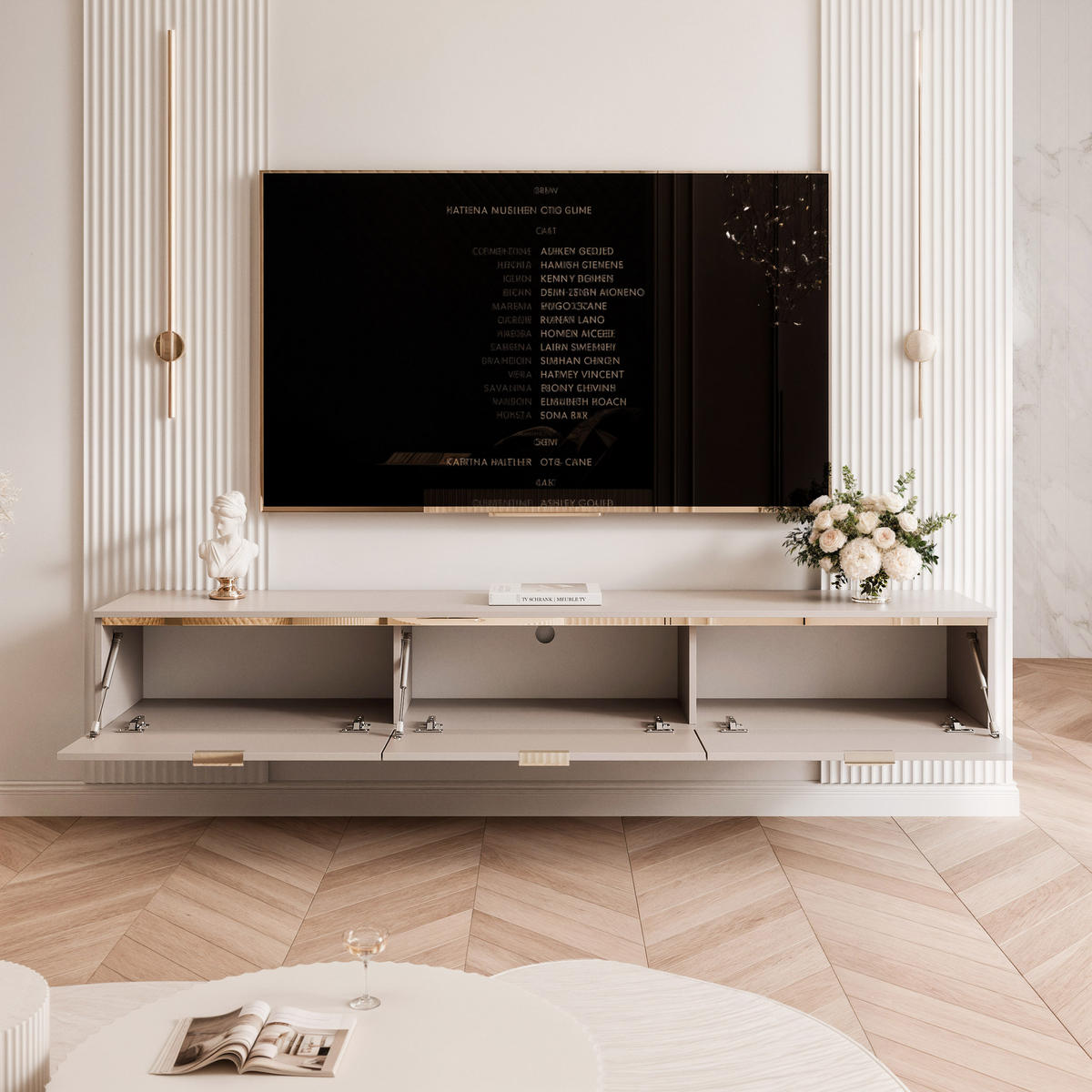HÄNGENDER TV-Schrank SELIA 200 cm, Kaschmir mit goldener Zierleiste und Griffen, LED-Beleuchtung - Kaschmir, Holzwerkstoff (200/28.5/35cm) - Idohome