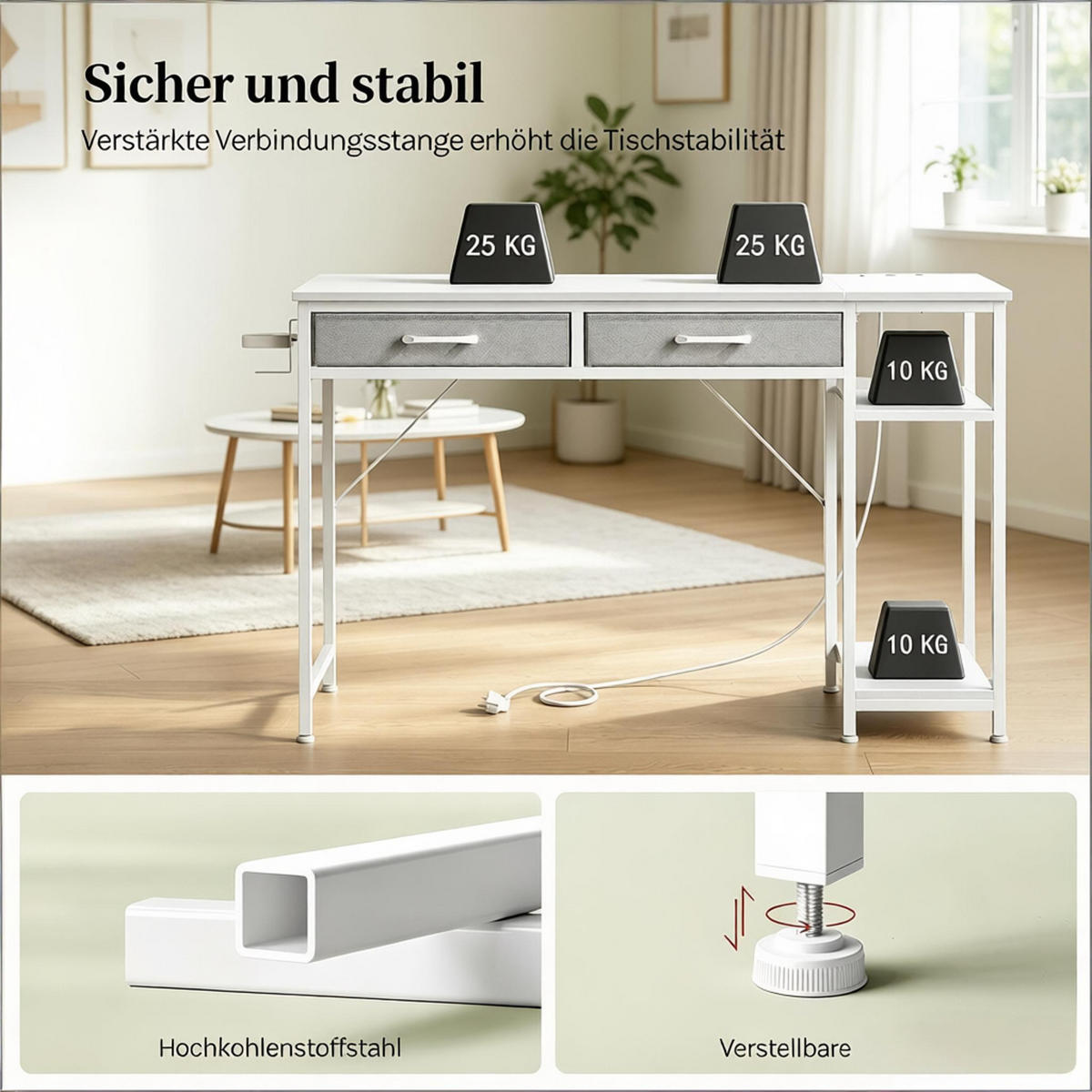 COMPUTERTISCH Weiß 120/51/75 cm mit Stoffschubladen und Stromanschluss - Weiß, Holzwerkstoff (51/120/75cm) - PANGIVO
