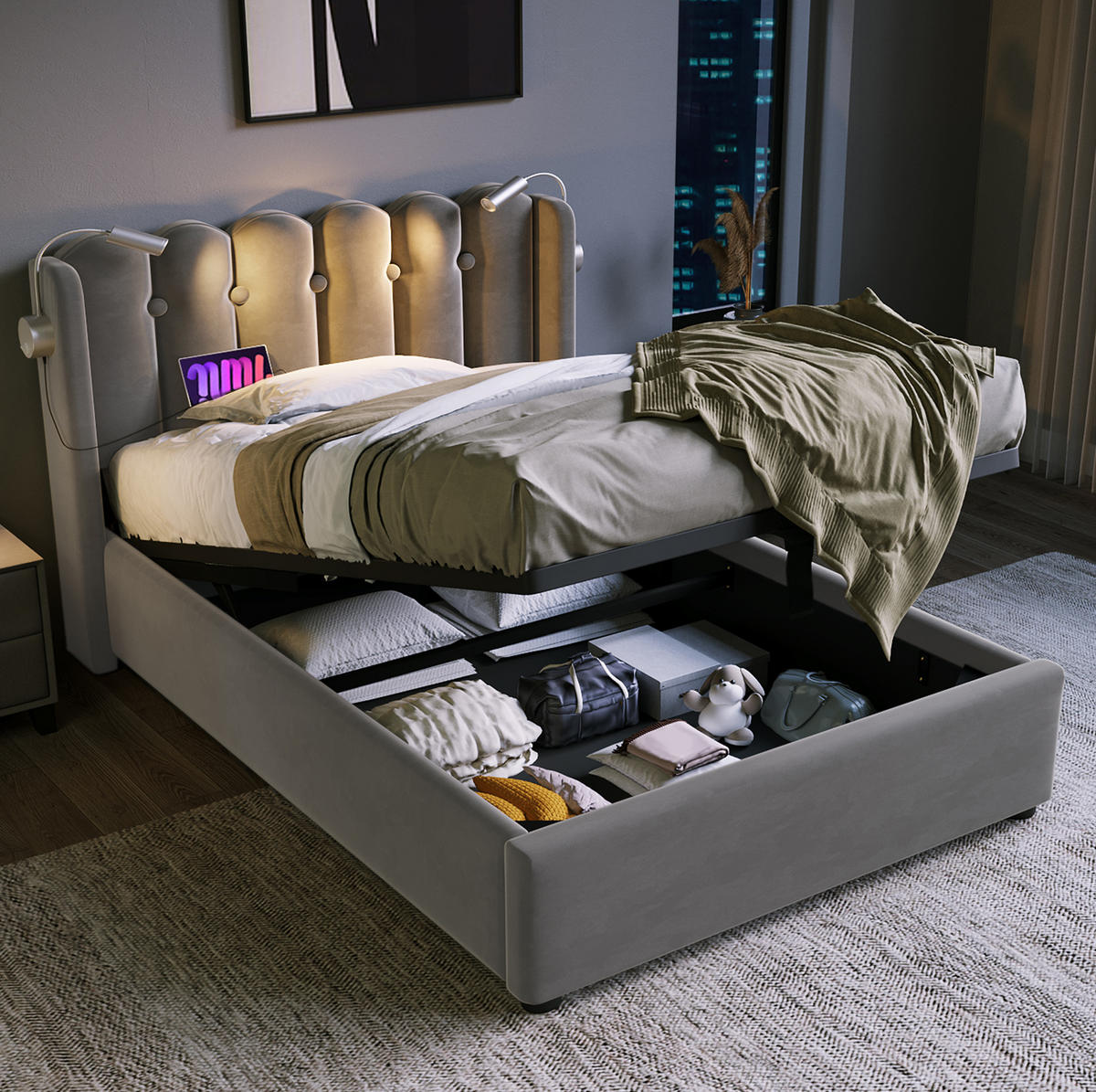 BETT mit Bettkasten, USB und Leselicht 90x200 cm Samt Grau - Grau, Metall (90/200cm) - Meubliv
