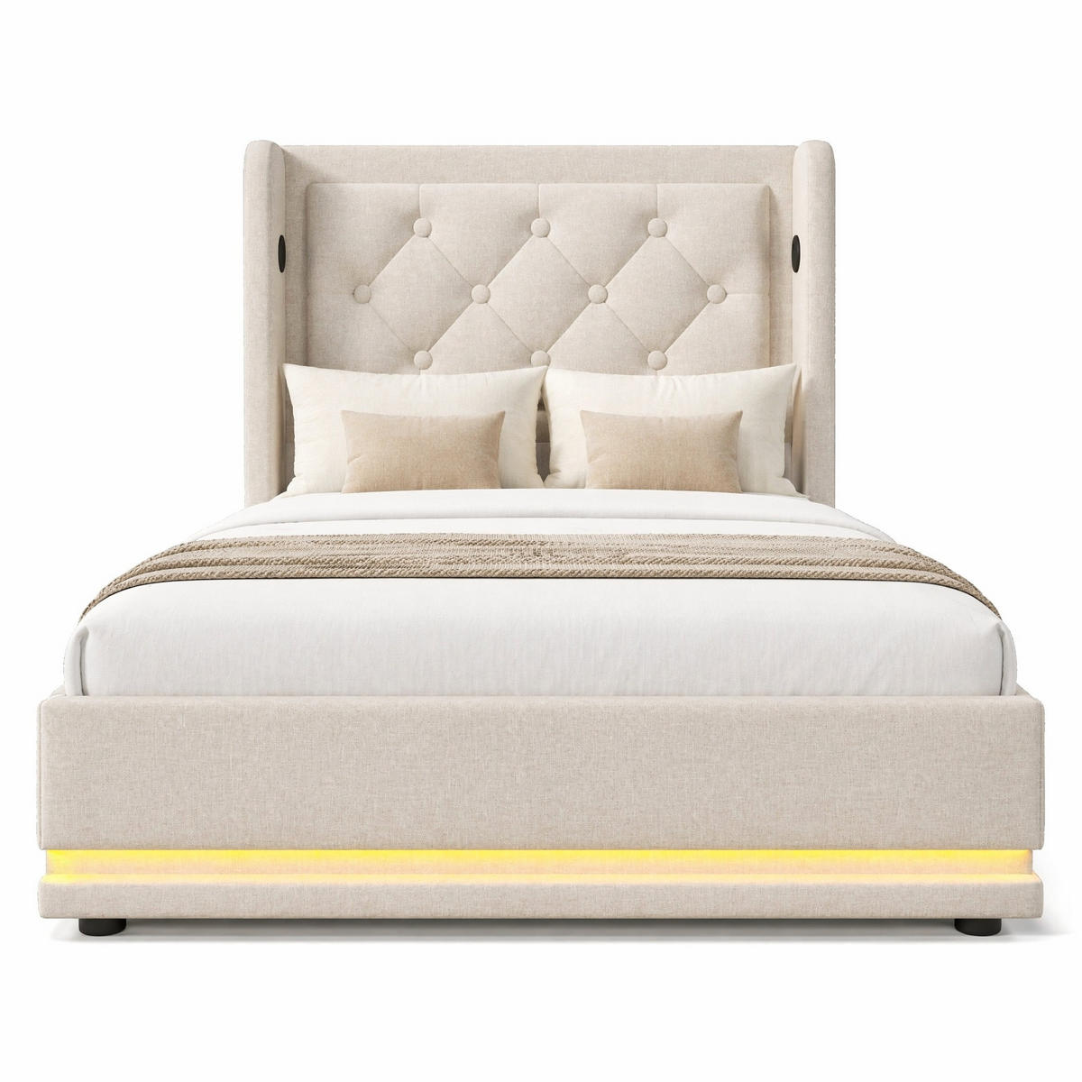 ČALOUNĚNÁ POSTEL 90/200 cm v béžové barvě s úložným prostorem, LED a USB-C - béžová, kov/kompozitní dřevo (90/200cm) - CHICFURN