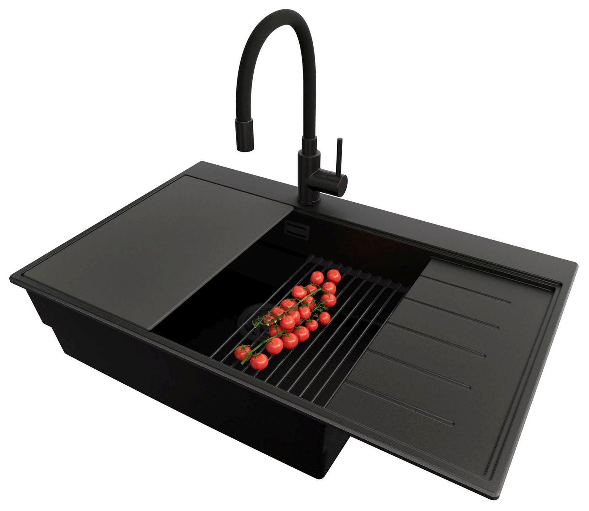 GRANITSPÜLE Sydney, 2-er set Alles Schwarz 78/50 cm 1 Becken + Küchenarmatur 40/38 cm + Ablauf-Set + Küchenzubehörset ab 60er Unterschrank - Schwarz, Kunststoff (78/20/50cm) - Primagran