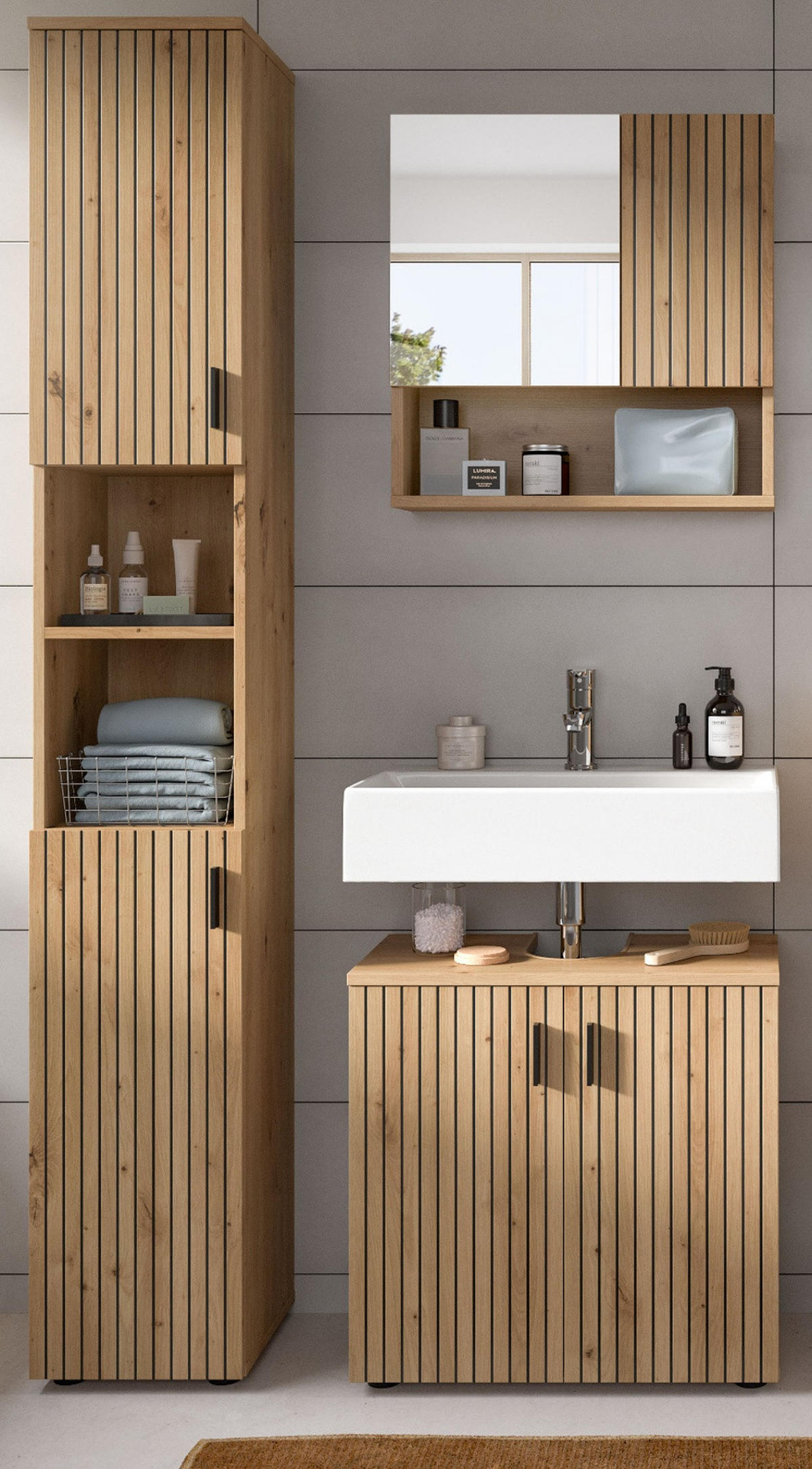 BADMÖBEL-SET Eiche Artisan 3-teilig 105 cm, Badkombination mit Rillen-Optik - Schwarz/Eiche Artisan, Glas/Holzwerkstoff (105/192/30cm) - Inn.Furn