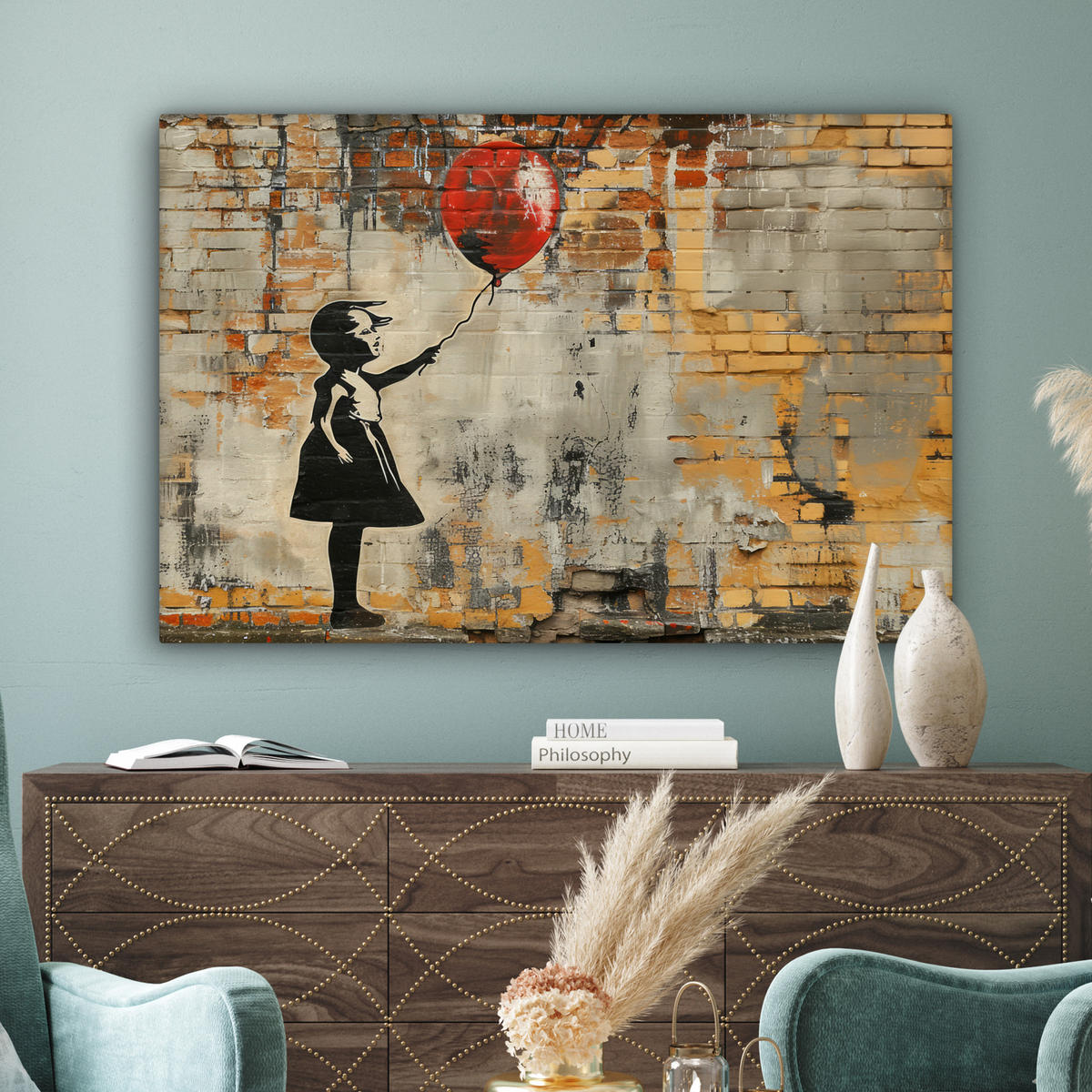 LEINWANDBILD Graffiti - Banksy - Mädchen - Straßenkunst Wohnzimmer Groß 120x80 cm - Sandfarben, Textil (120/80cm) - MuchoWow