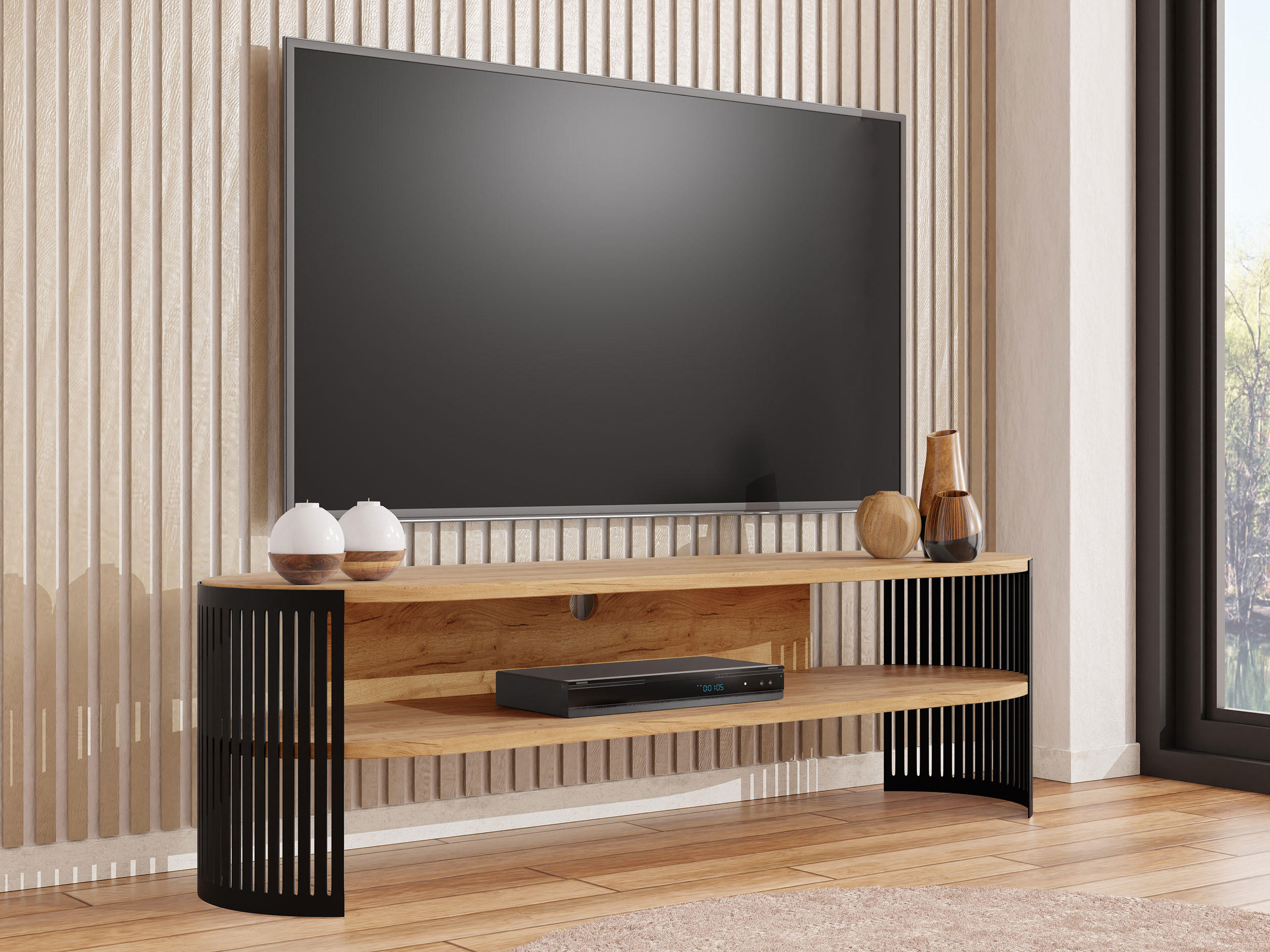 TV-LOWBOARD Fikoli Oval - Eichefarben/Schwarz, Holzwerkstoff/Metall (140/40/40cm) - MIRJAN24
