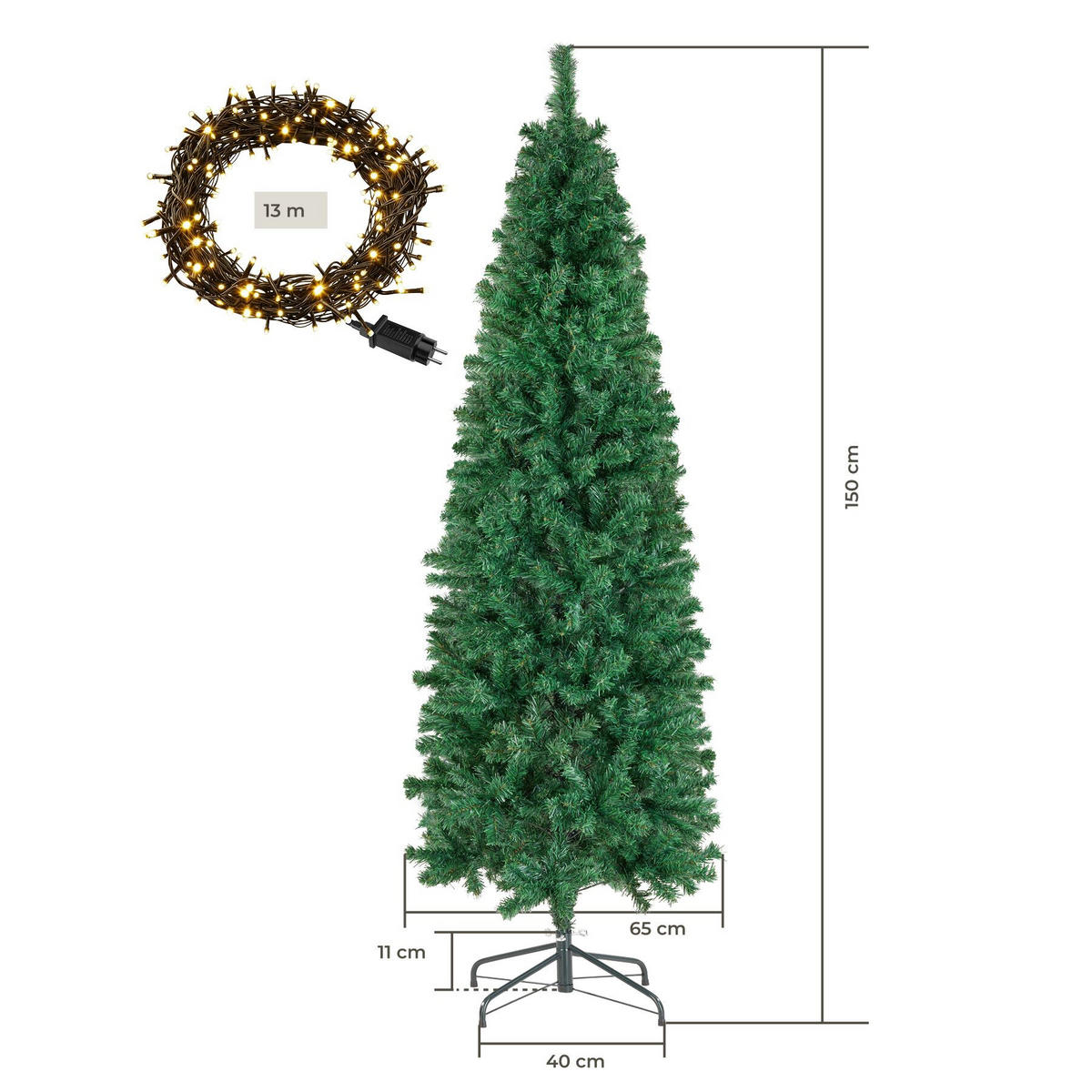 SET WEIHNACHTSBAUM MIT LICHTERKETTE , pulverbeschichteter Metallständer mit Kunststoffkappen, grün - Grün, Kunststoff (150cm) - tectake