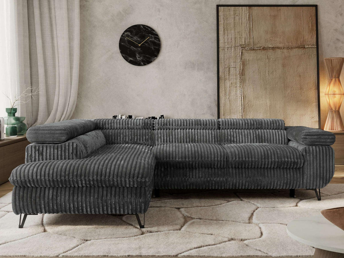 ECKSOFA PABLO L Dunkelgrau Cord - Links Seite mit Visco Topper - Dunkelgrau/Schwarz, Textil/Metall (208/273cm) - MKS