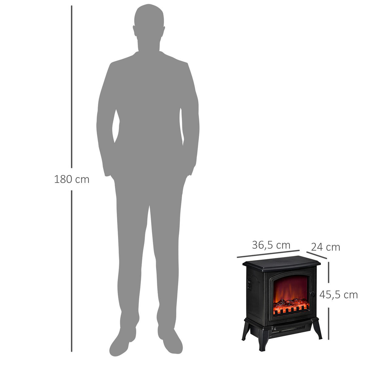 ELEKTROKAMIN, Standkamin mit LED-Flammeneffekt, 2000W Kaminofen, Metall, Schwarz - Schwarz, Kunststoff (24/45.5/36.5cm) - HOMCOM
