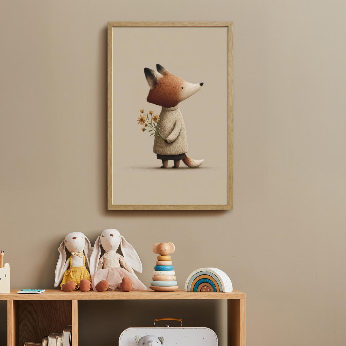 NÁSTĚNNÁ LAMPA S AKUMULÁTOREM Liška - Žluté květy - Minimalistický 40x60 cm - šedohnědá, kompozitní dřevo (40/60/8cm) - OnlyWow