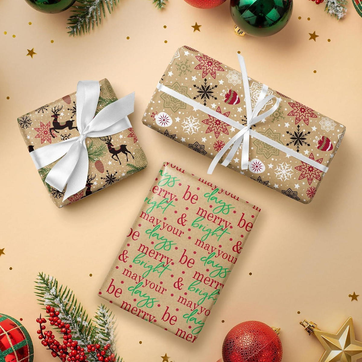 GESCHENKPAPIER 3er Set Kraftpapier Weihnachten 43,2 cm x 3 m - Multicolor, Papier (4/44/10cm)