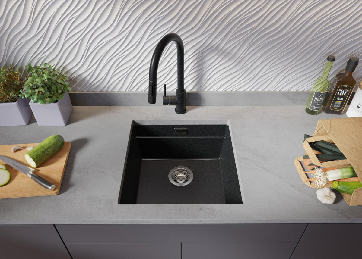 UNTERBAUSPÜLE GRANIT Praga, 2-er set Anthrazit 46/47 cm 1 Becken + Ablauf-Set + Aufrollbare Abtropffläche ab 50er Unterschrank - Chromfarben/Anthrazit, Kunststoff (46/20/47cm) - Primagran