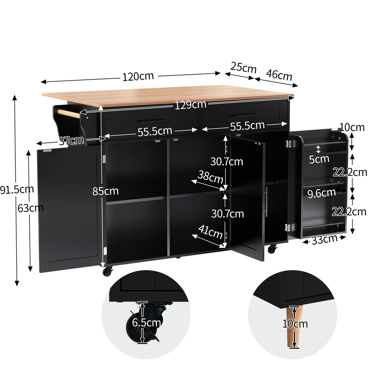 KÜCHENINSELWAGEN 129x71x91.5cm Schwarz Spanplatte mit Falttisch & Schubladen - Schwarz, Holzwerkstoff (129/91.5/71cm) - Modfu