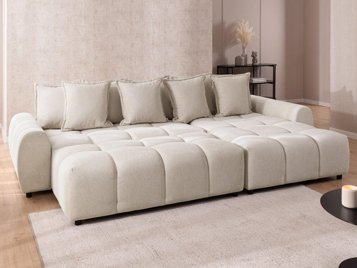 ECKSOFA inkl. Hocker Bubble mit Schlaffunktion und losen Rückenkissen, Sitzfläche Bubble-Optik aus weichem Hellbeige Strukturstoff - Ottomane Rechts - Beige/Schwarz, Holz/Kunststoff (306/180cm) - S-Style Möbel
