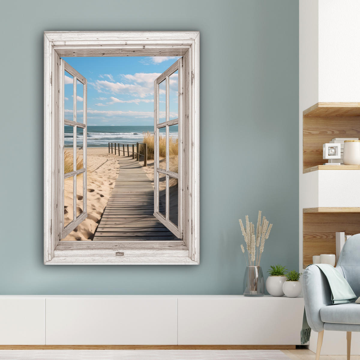 LEINWANDBILD Fenster - Meer - Küste - Natur - Ausblick - Strand - Wattenmeer 90x140 cm - Beige, Textil (90/140cm) - MuchoWow