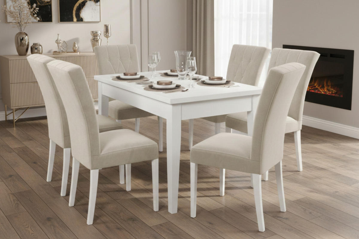 TISCHGRUPPE DAKOTA 170/90 cm in Weiß mit 6 Stühlen in Beige - Beige/Weiß, Holz/Holzwerkstoff (90/77/170cm) - Deine Möbel 24