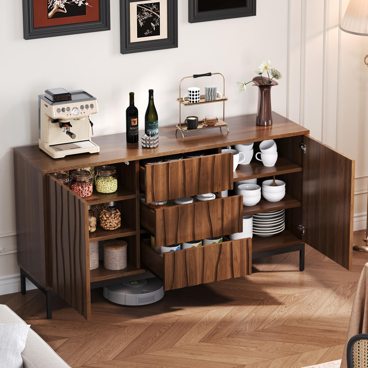 SIDEBOARD 150/40/80 cm in Dunkelbraun mit 3 Schubladen & verstellbaren Böden - Naturfarben, Holzwerkstoff (150/80/40cm) - BEAOK