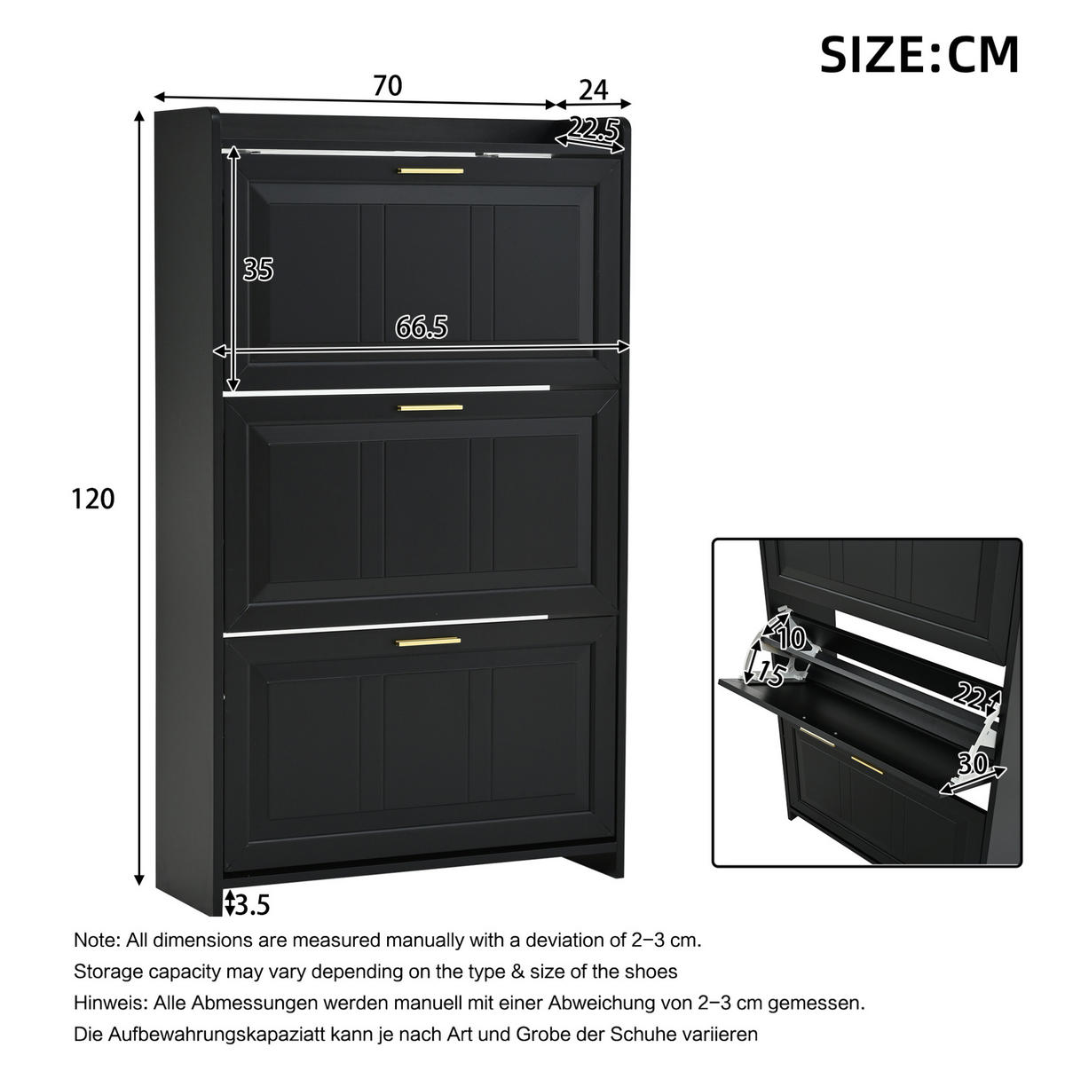 SCHUHSCHRANK mit Klappen 70/24/120 cm in Schwarz, platzsparend - Schwarz, Holzwerkstoff (70/120/24cm) - BEAOK