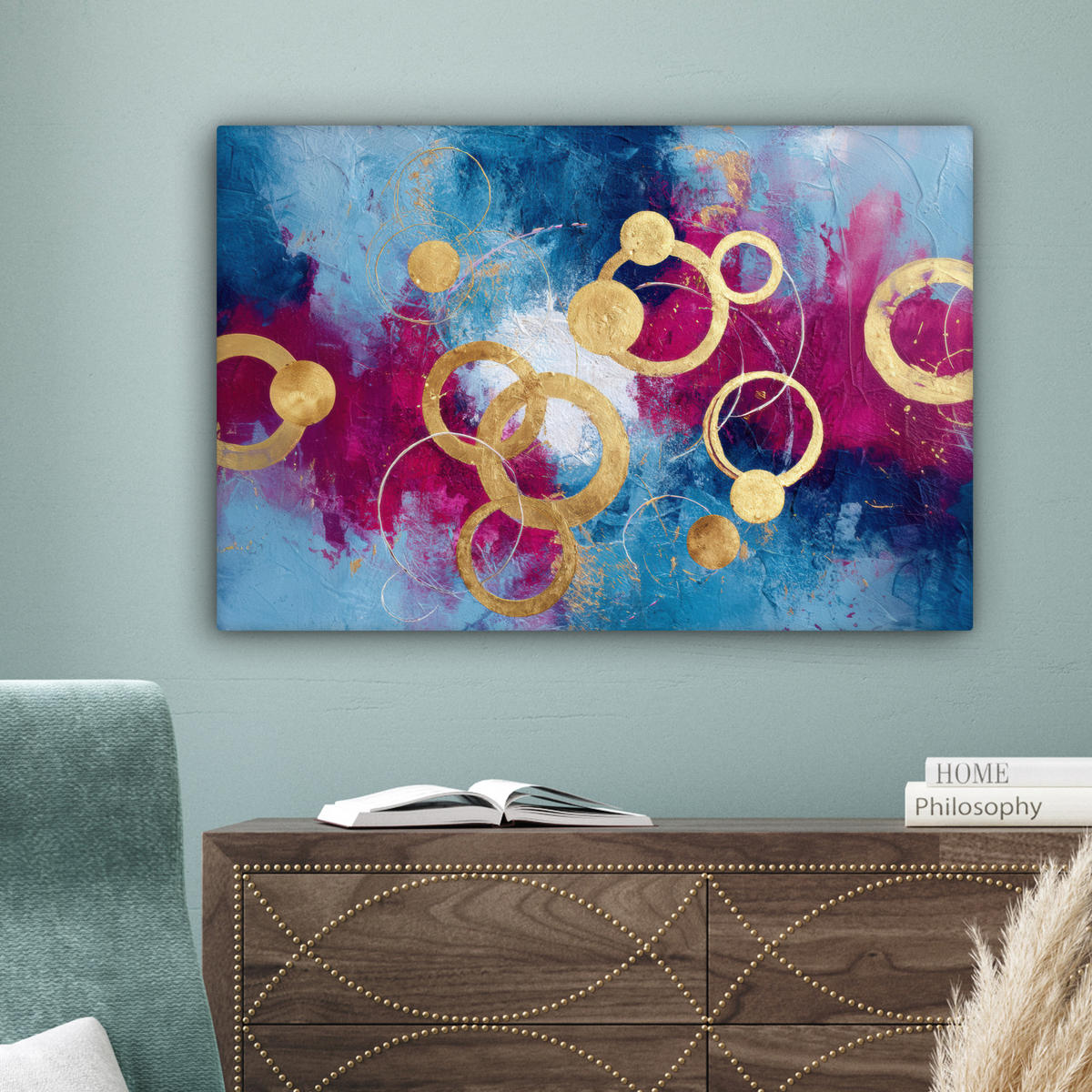 LEINWANDBILD Kreise - Gold - Abstrakt Gemälde 60x40 cm - Blau, Textil (60/40cm) - MuchoWow