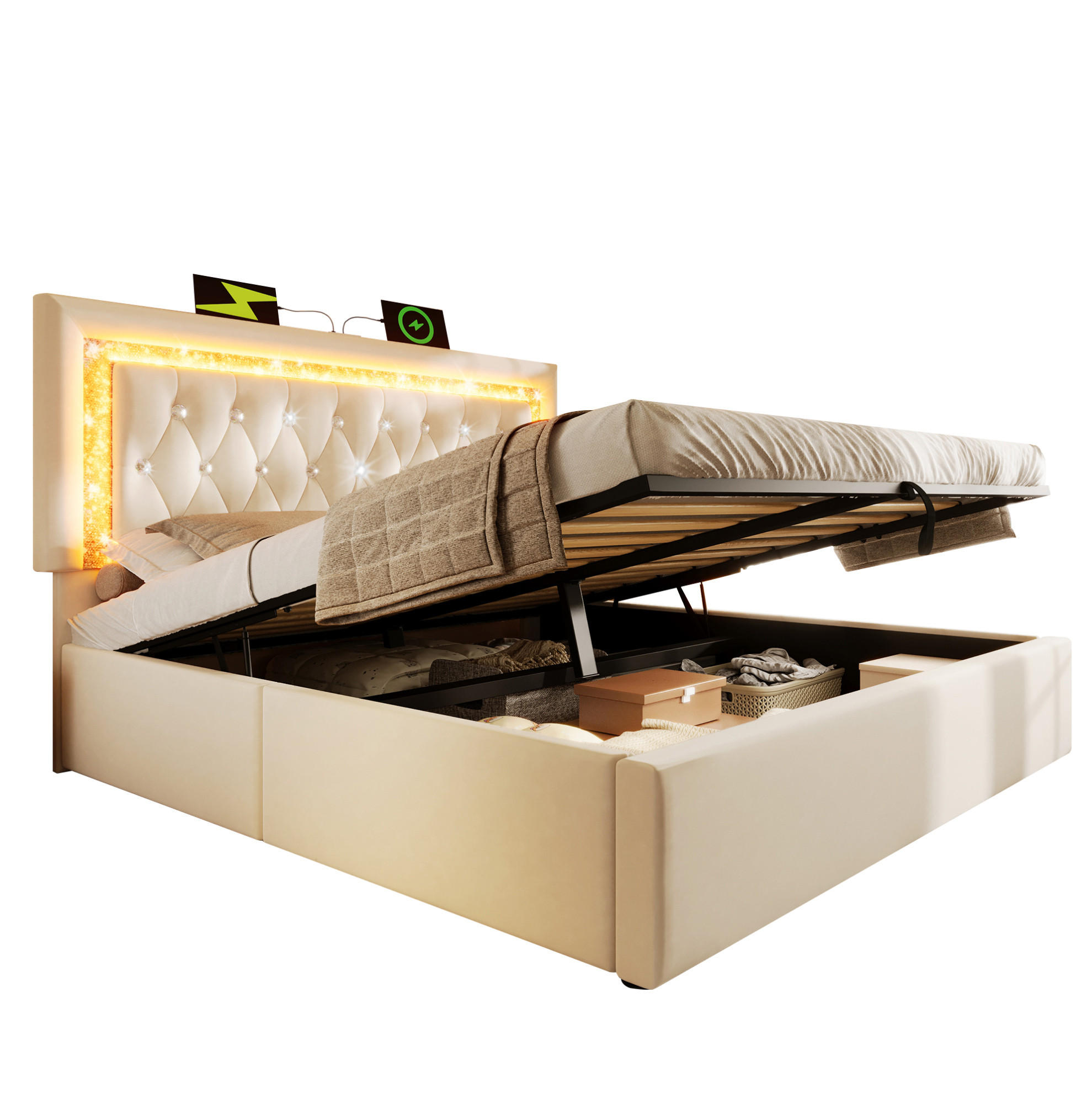 POLSTERBETT 140/200 cm aus Samt mit LED-Kopfteil USB- und Typ-C-Ladestation Stauraum Beige - Beige, Textil (140/200cm) - Modenvie