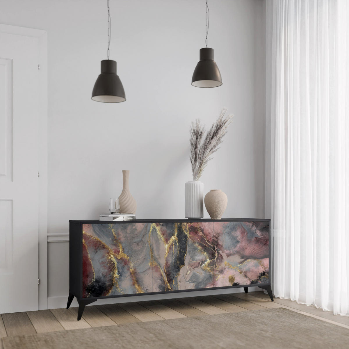 SIDEBOARD GOLDEN TIDES, Eicheneffekt, 164,5x42x77,5 cm, 3 Türen - Eichefarben/Buchefarben, Holzwerkstoff/Buchenholz (164.5/77.5/42cm) - SpaceRebels